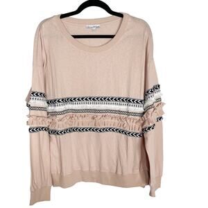 New See and Be Seen Large Pink Blush Ruffle Detail Striped Sweatshirt Crew Neck